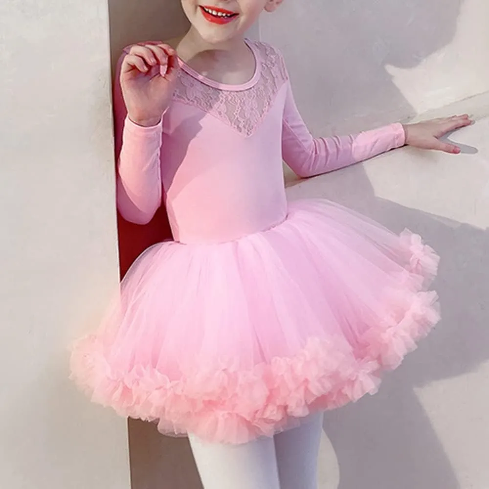 Girls Ballet Dance Outfits Long Sleeve Lace Leotards Tutu Fluffy Skirt Ballerina Dress for Toddler