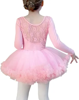 Girls Ballet Dance Outfits Long Sleeve Lace Leotards Tutu Fluffy Skirt Ballerina Dress for Toddler