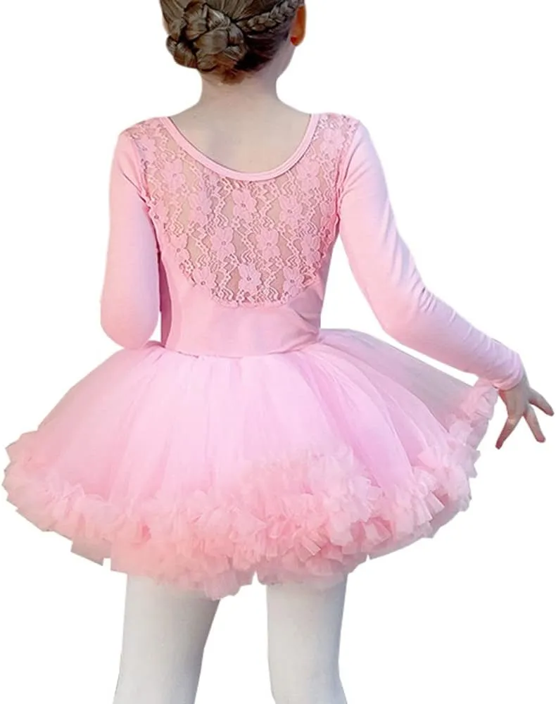 Girls Ballet Dance Outfits Long Sleeve Lace Leotards Tutu Fluffy Skirt Ballerina Dress for Toddler