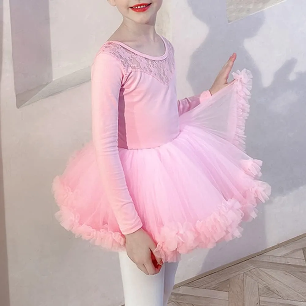 Girls Ballet Dance Outfits Long Sleeve Lace Leotards Tutu Fluffy Skirt Ballerina Dress for Toddler