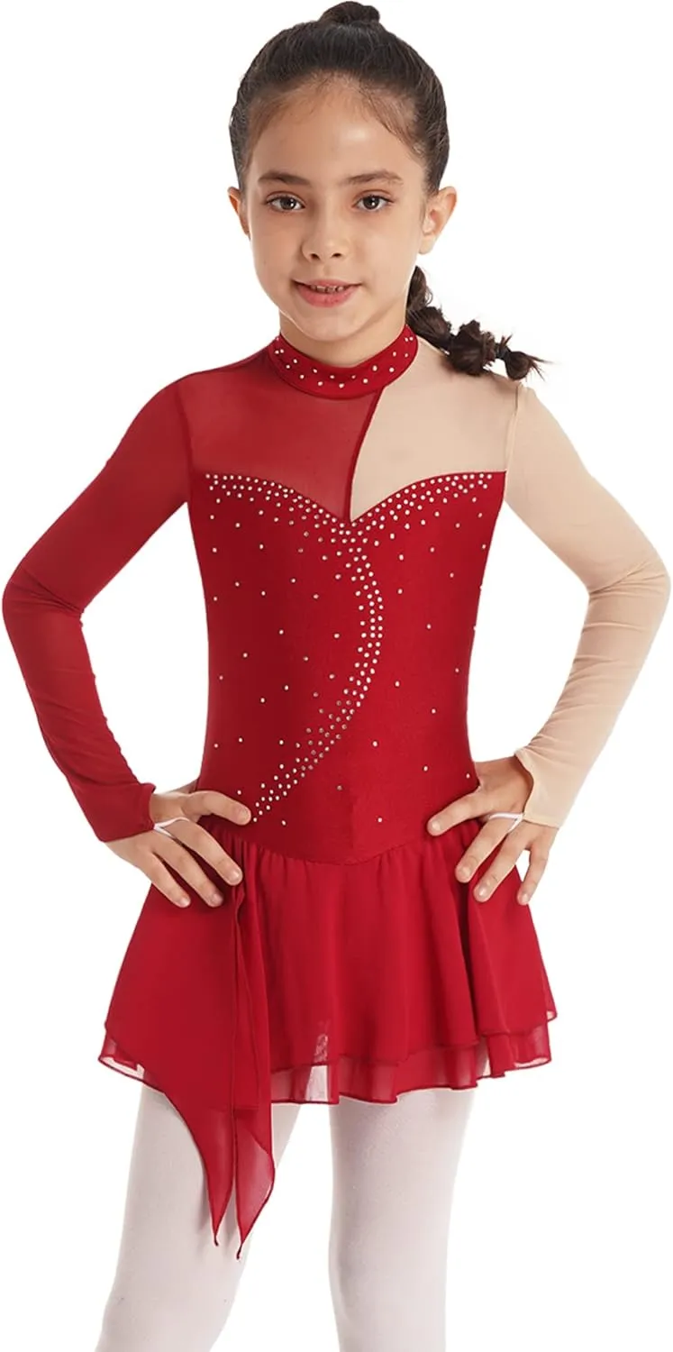 Girls Ice Skating Dress Long Sleeve Rhinestone Figure Skating Costume Gymnastics Leotard Ballet Dance Dress