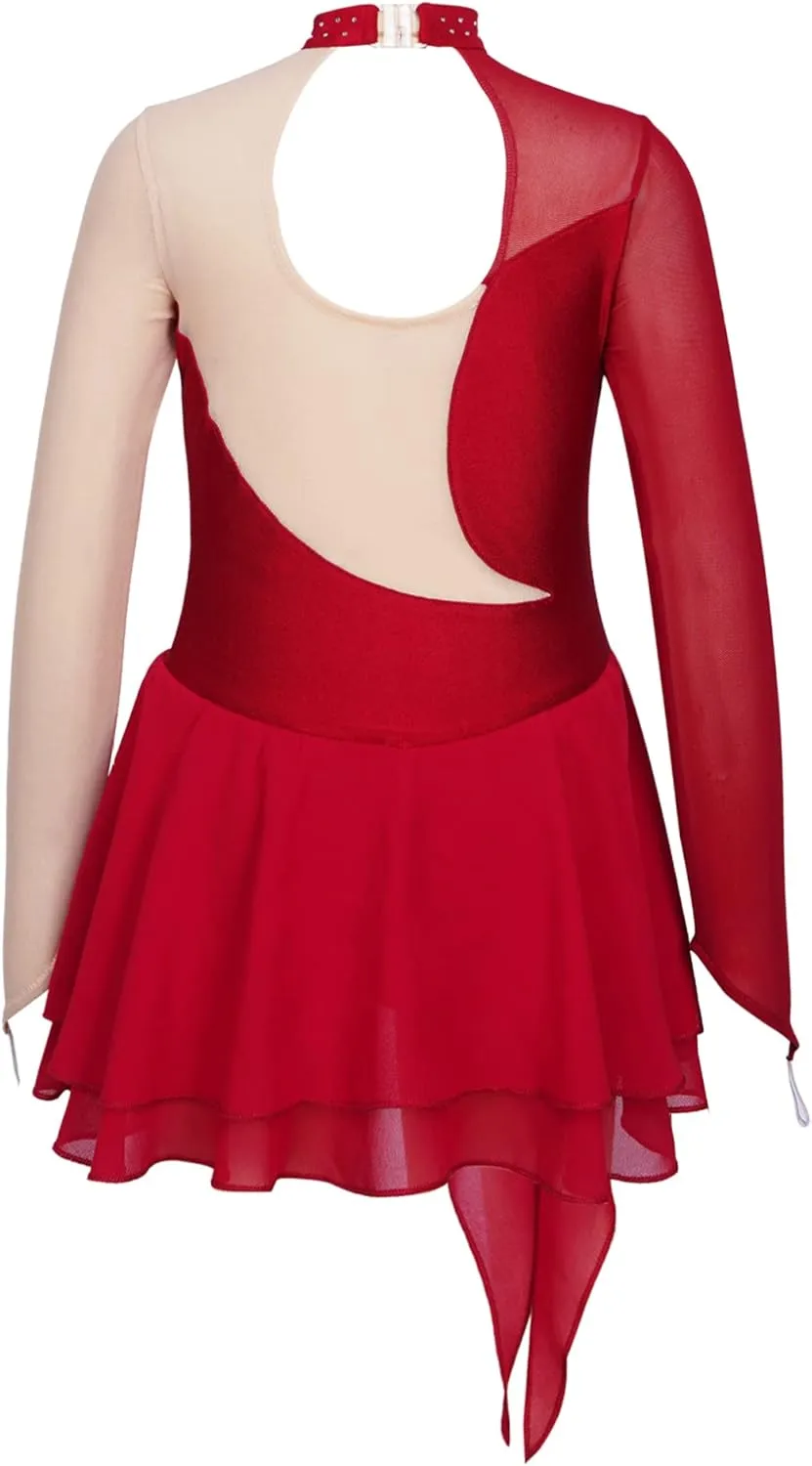 Girls Ice Skating Dress Long Sleeve Rhinestone Figure Skating Costume Gymnastics Leotard Ballet Dance Dress