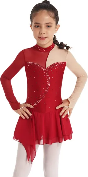 Girls Ice Skating Dress Long Sleeve Rhinestone Figure Skating Costume Gymnastics Leotard Ballet Dance Dress