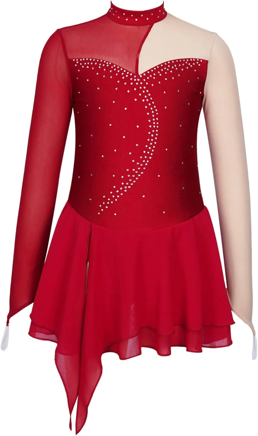 Girls Ice Skating Dress Long Sleeve Rhinestone Figure Skating Costume Gymnastics Leotard Ballet Dance Dress