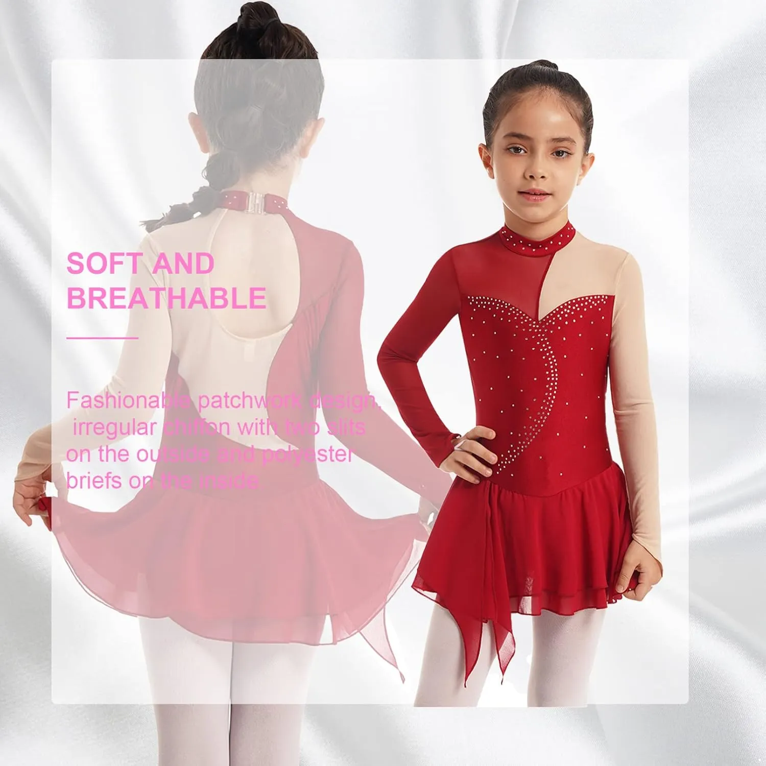Girls Ice Skating Dress Long Sleeve Rhinestone Figure Skating Costume Gymnastics Leotard Ballet Dance Dress