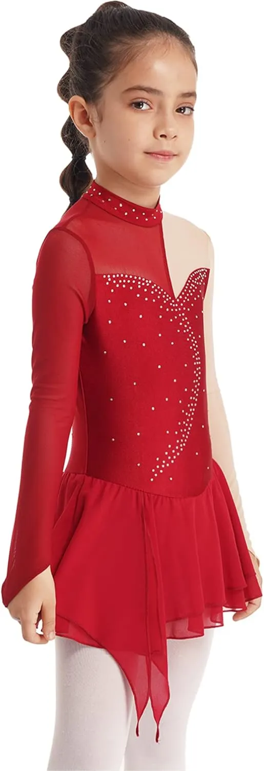 Girls Ice Skating Dress Long Sleeve Rhinestone Figure Skating Costume Gymnastics Leotard Ballet Dance Dress