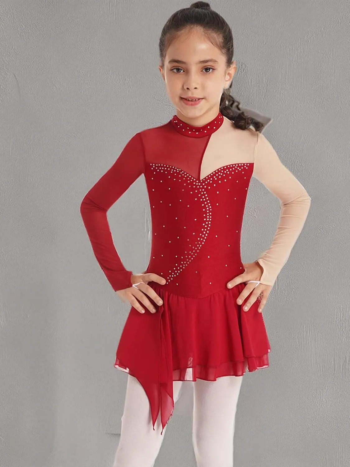Girls Ice Skating Dress Long Sleeve Rhinestone Figure Skating Costume Gymnastics Leotard Ballet Dance Dress