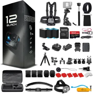 Go Pro HERO12 (Hero 12) Black - with 50 Piece Accessory Kit and 2 Extra Batteries   64GB Card - Waterproof Action Camera - 5.3K HDR, 27MP Photos, 1/1.9" Sensor, Live Streaming, Webcam, Stabilization