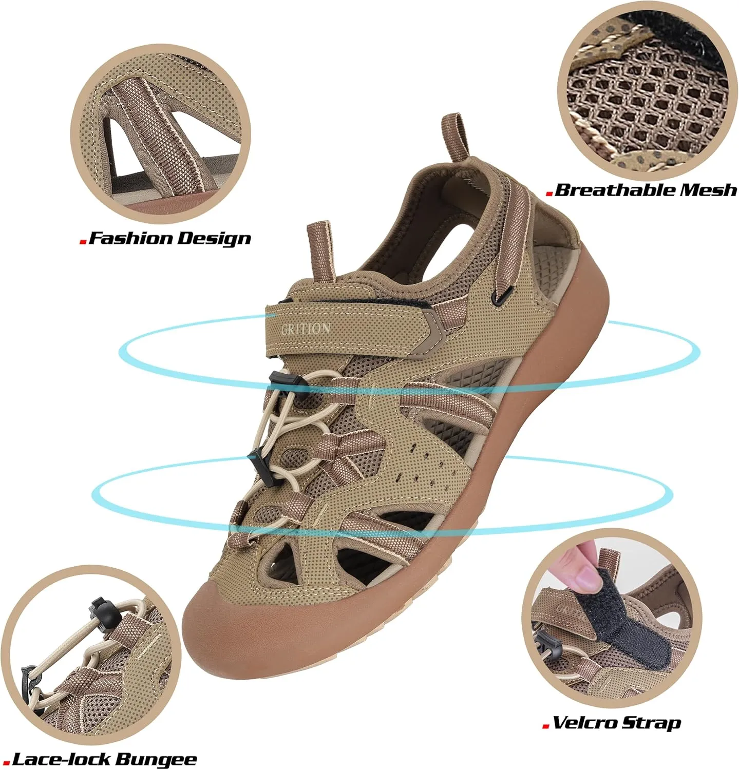 GRITION Mens Outdoor Hiking Sandals Summer Beach Closed Toe Water Sandal Waterproof Comfortable Fisherman Adventures Sport Athletic Walking Traveling Shoes Sandles