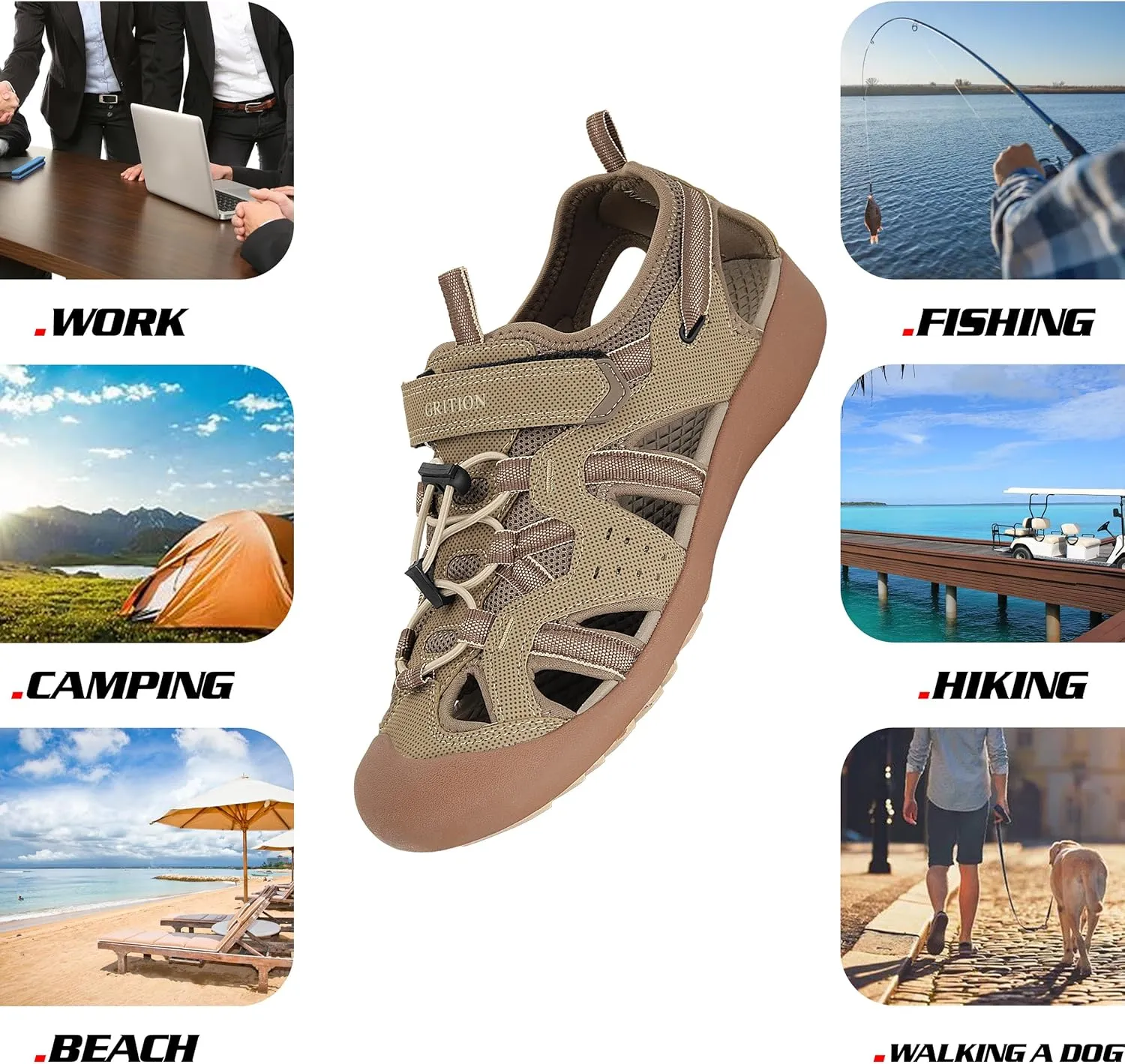 GRITION Mens Outdoor Hiking Sandals Summer Beach Closed Toe Water Sandal Waterproof Comfortable Fisherman Adventures Sport Athletic Walking Traveling Shoes Sandles