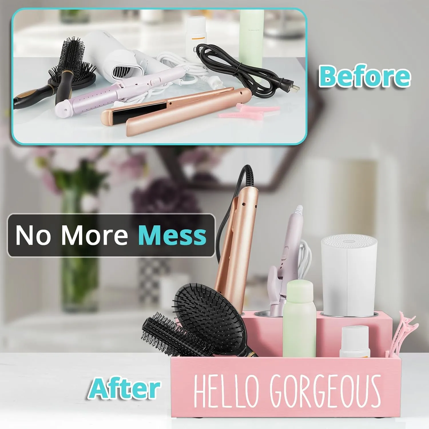 Hair Tool Organizer, Wooden Hair Dryer Holder Countertop, Wall Mount Hot Tools Organizer for Hair Styling Accessories, Bathroom Supplies Vanity Caddy for Curling Wand, Blow Dryer, Pink