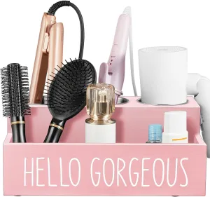 Hair Tool Organizer, Wooden Hair Dryer Holder Countertop, Wall Mount Hot Tools Organizer for Hair Styling Accessories, Bathroom Supplies Vanity Caddy for Curling Wand, Blow Dryer, Pink
