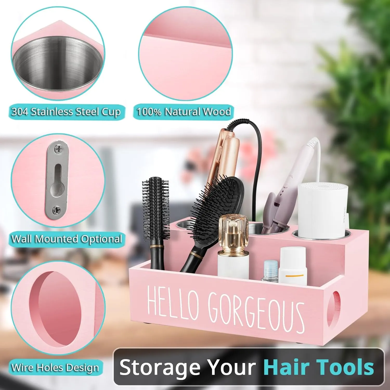 Hair Tool Organizer, Wooden Hair Dryer Holder Countertop, Wall Mount Hot Tools Organizer for Hair Styling Accessories, Bathroom Supplies Vanity Caddy for Curling Wand, Blow Dryer, Pink