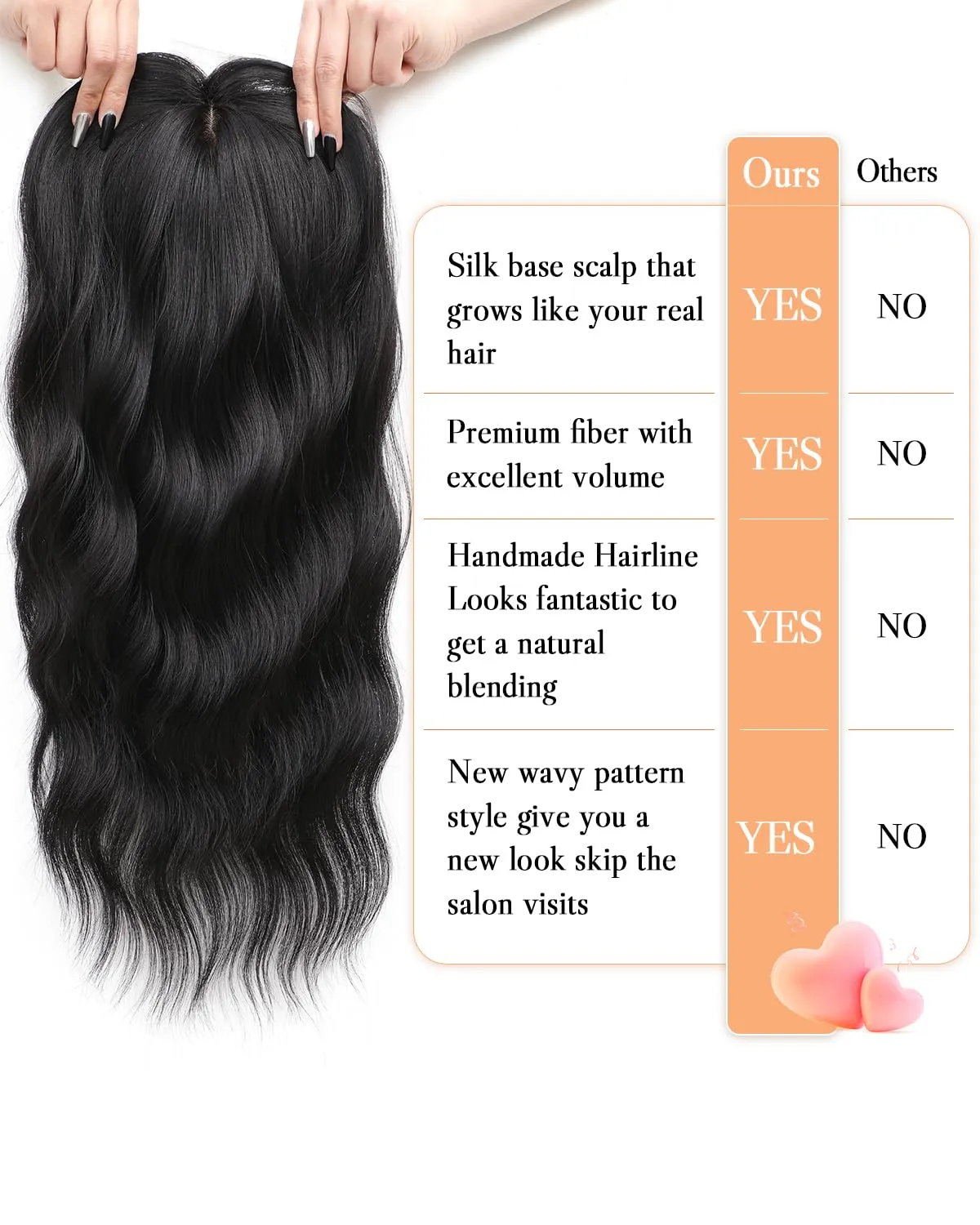 Hair Toppers for Women 20-Inch Wavy Ombre Highlight Synthetic Wig With Fringe Bang - Clip In Hair Pieces for Thinning Hair to Add Volume
