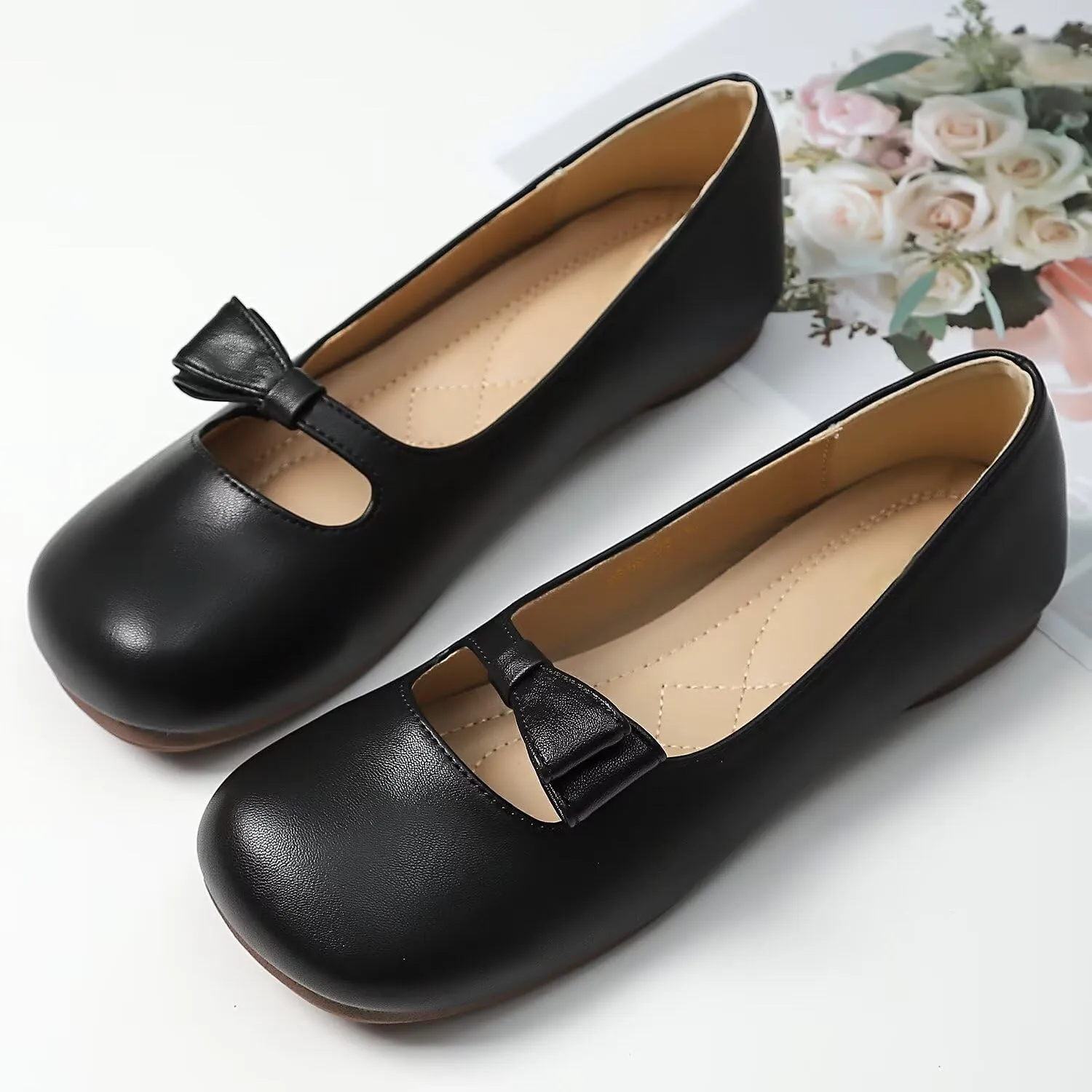 Hee grand Retro Mary Jane Shoes for Women Cute Square Toe Buckle Ballet Flats Leather Dress Flats Soft Work Flats