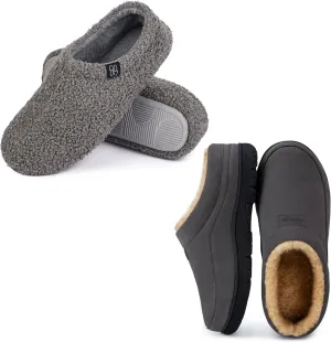 HomeTop Couple’s Set of 2 Pairs - Microsuede Slip-on Moccasin Slippers (Size 9-10, Gray) - Curly Teddy Fur Slippers (Size 7-8, Gray)