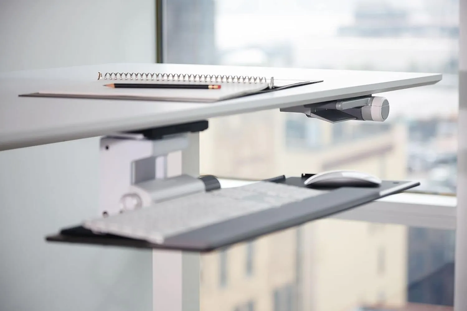 Humanscale Home Office Float Desk l Height-Adjustable Table l White Base on White Top with Flat Edge Finish l 24" D x 48" W