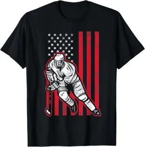 Ice Hockey Goalie Gift USA Flag Hockey Player Stick Hockey T-Shirt