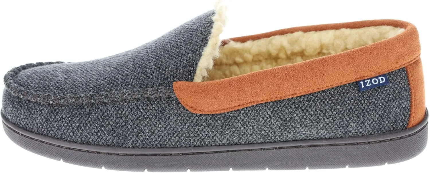 IZOD Mens Slipper, Knit Venetian Moccasin with Sherpa Fleece Lining, Grey/Black, Size 8 to 14