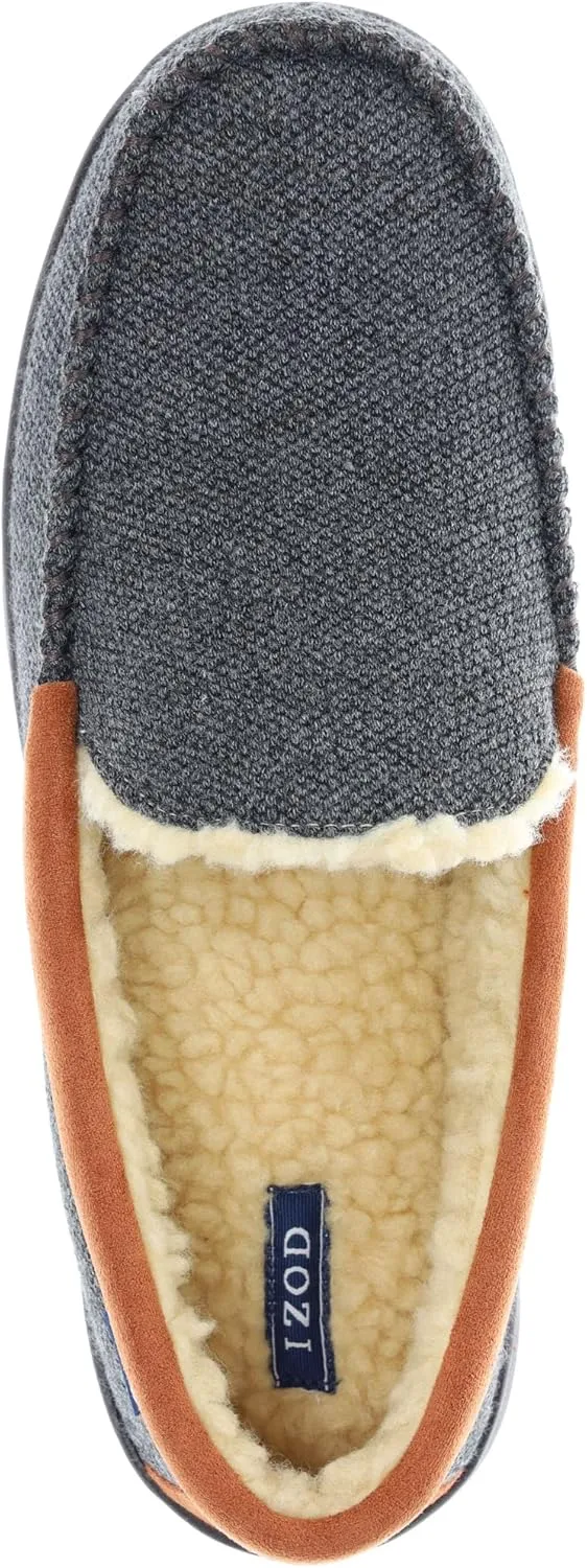 IZOD Mens Slipper, Knit Venetian Moccasin with Sherpa Fleece Lining, Grey/Black, Size 8 to 14