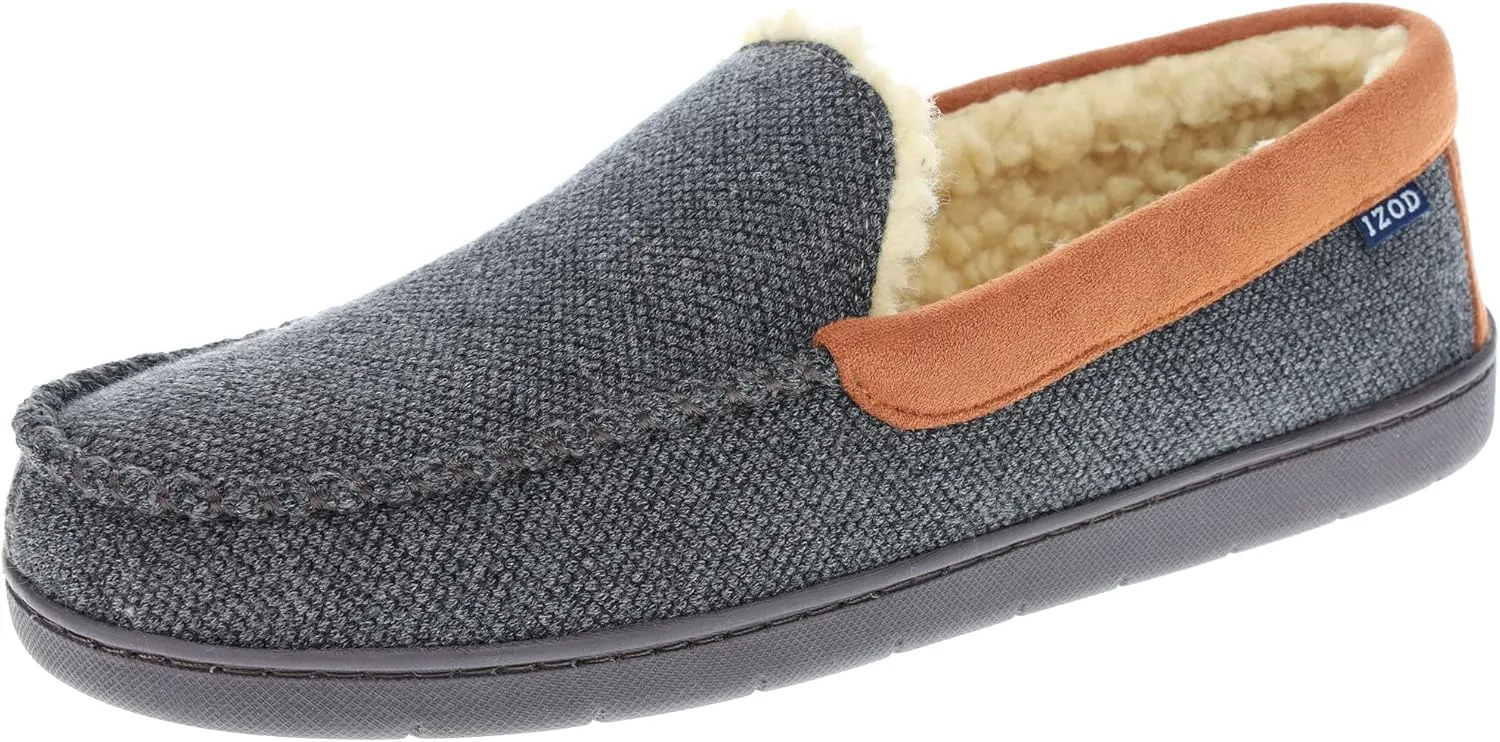 IZOD Mens Slipper, Knit Venetian Moccasin with Sherpa Fleece Lining, Grey/Black, Size 8 to 14