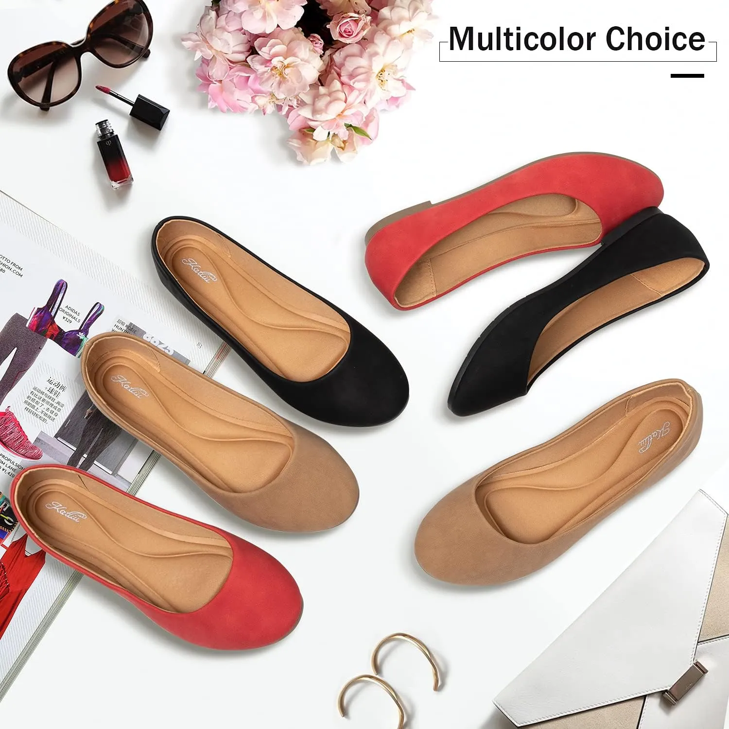 katliu Women Comfort Flats Round Toe Ballet Flats Slip on Walking Flat Shoes