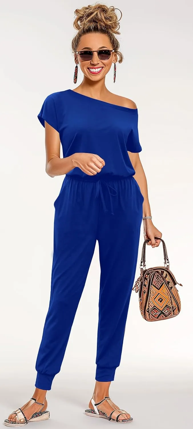 KAY SINN Summer Jumpsuit Rompers Off Shoulder for Women with Pockets Casual Elastic Waist