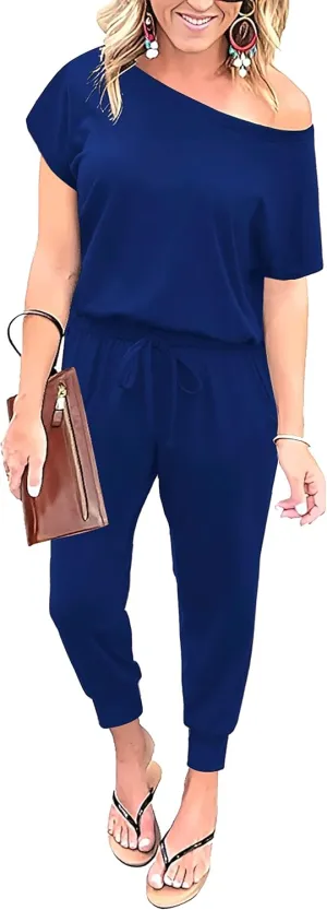 KAY SINN Summer Jumpsuit Rompers Off Shoulder for Women with Pockets Casual Elastic Waist