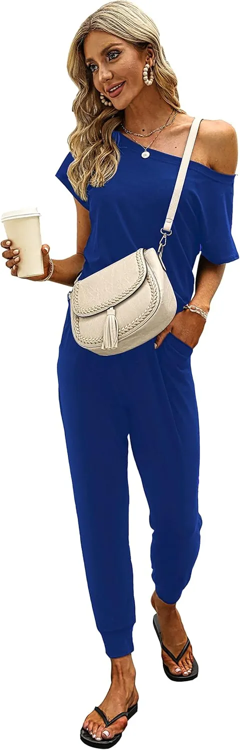 KAY SINN Summer Jumpsuit Rompers Off Shoulder for Women with Pockets Casual Elastic Waist