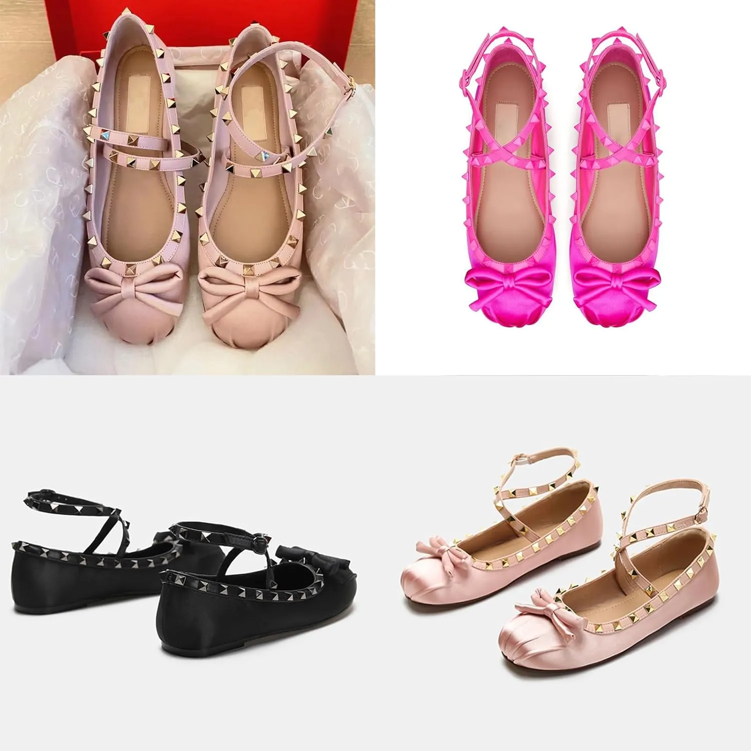 Keilinia Women's Satin Mary Jane Ballet Flats,Bow Studded Strap Ankle Buckle Square Toe Soft Comfort Casual Dress Shoes