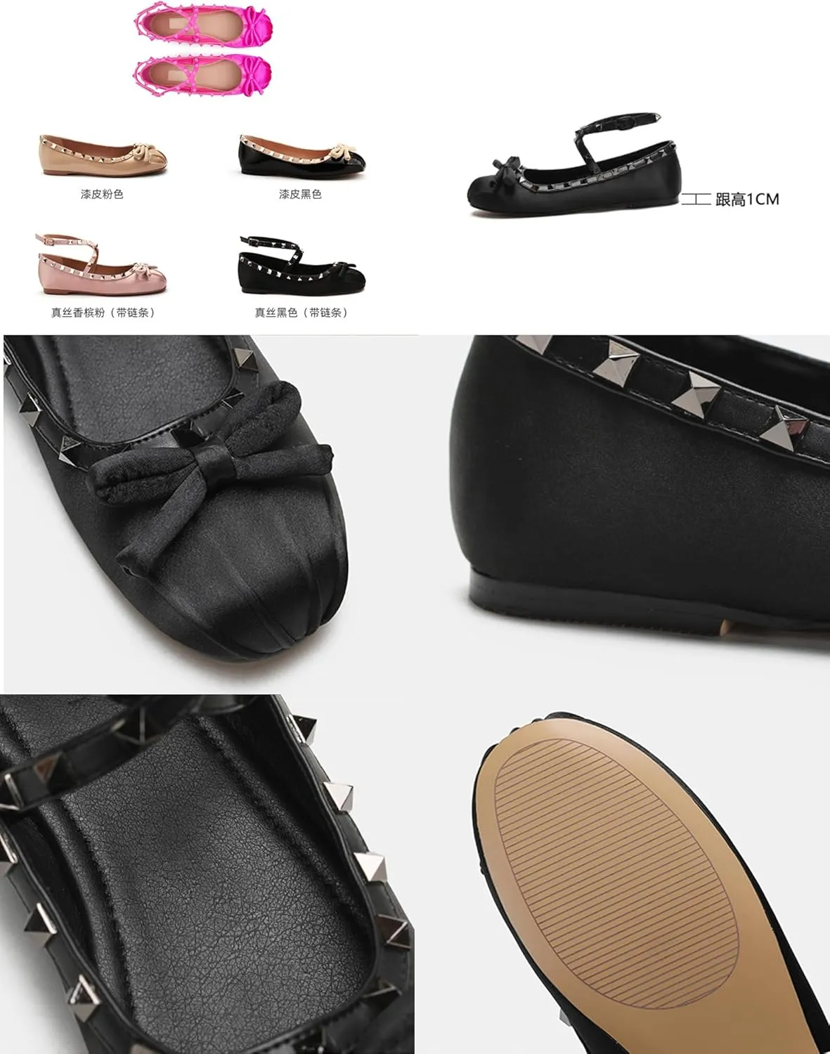 Keilinia Women's Satin Mary Jane Ballet Flats,Bow Studded Strap Ankle Buckle Square Toe Soft Comfort Casual Dress Shoes