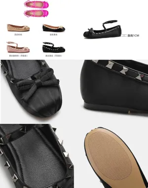 Keilinia Women's Satin Mary Jane Ballet Flats,Bow Studded Strap Ankle Buckle Square Toe Soft Comfort Casual Dress Shoes