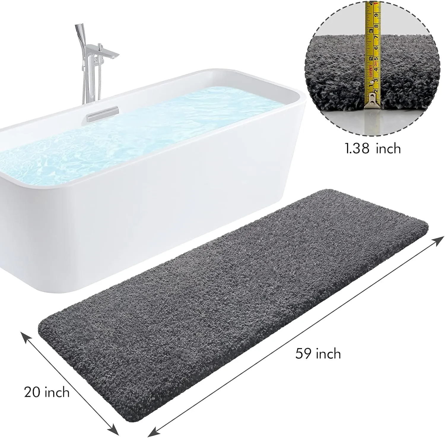 KMAT Bathroom Rugs Microfiber Bath Mat 20"(W) x 59"(L),Luxury Soft Shaggy Shower Rug, Non-Slip Absorbent Plush Throw Rugs Runner Carpet for Bathtub Shower Bathroom Bedroom,Machine Washable Grey