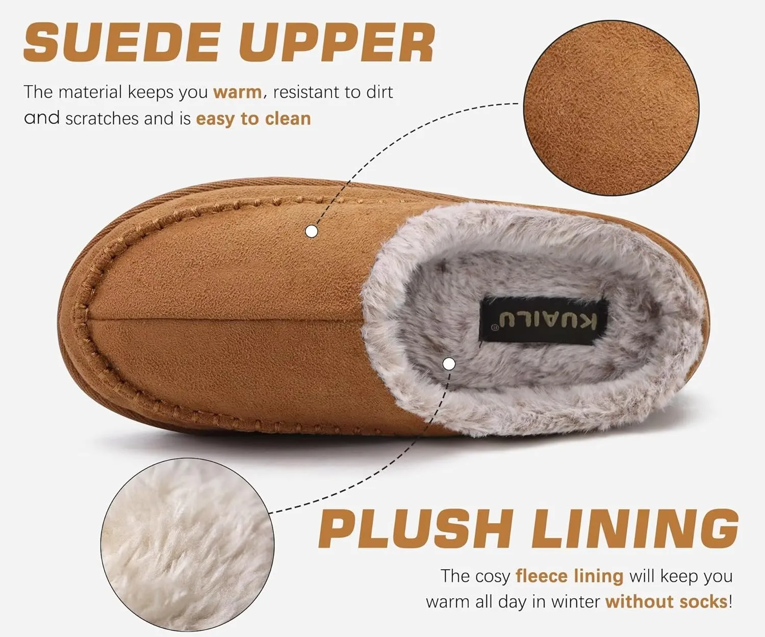 KuaiLu Mens Clog Slippers with Arch Support Suede Faux Fur Memory Foam Warm House Shoes Comfortable Slip-on Mans Bedroom Indoor Outdoor Slippers Rubber Sole Size 7-16