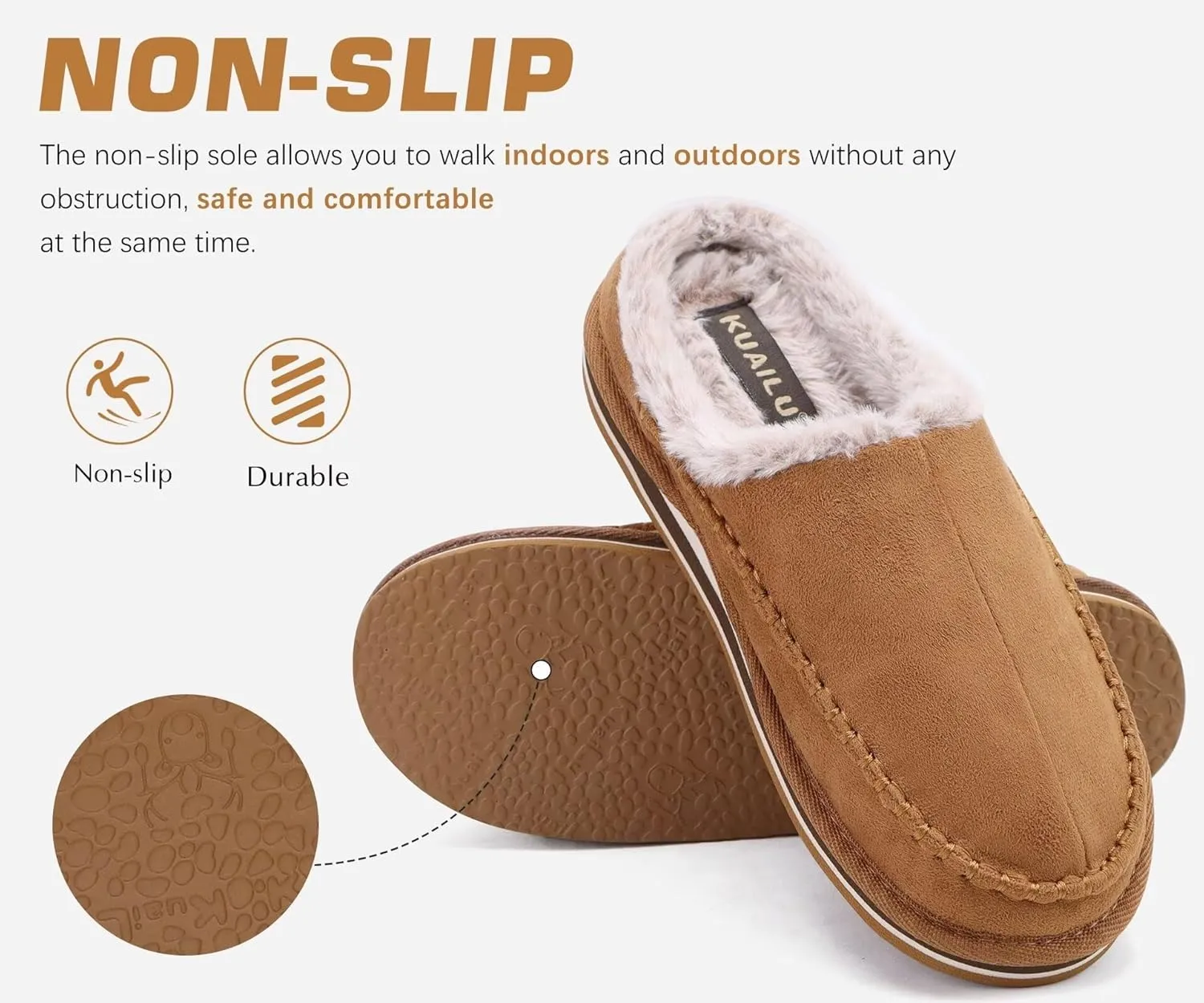 KuaiLu Mens Clog Slippers with Arch Support Suede Faux Fur Memory Foam Warm House Shoes Comfortable Slip-on Mans Bedroom Indoor Outdoor Slippers Rubber Sole Size 7-16