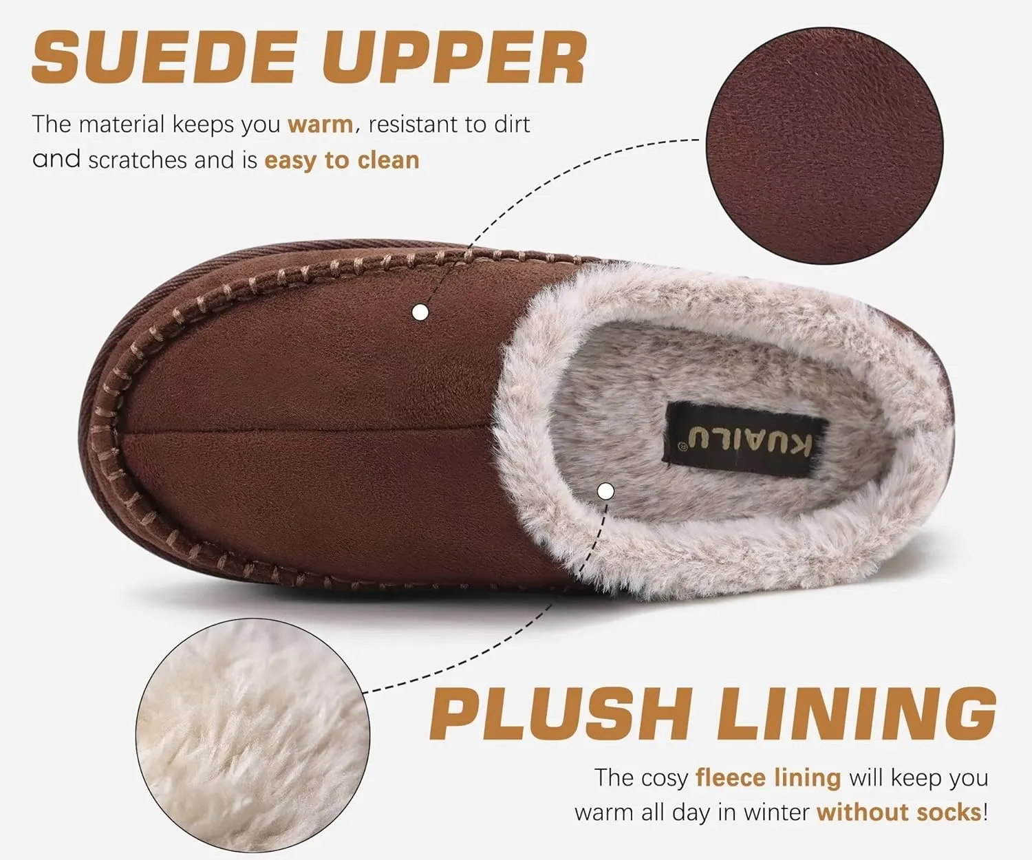 KuaiLu Mens Clog Slippers with Arch Support Suede Faux Fur Memory Foam Warm House Shoes Comfortable Slip-on Mans Bedroom Indoor Outdoor Slippers Rubber Sole Size 7-16