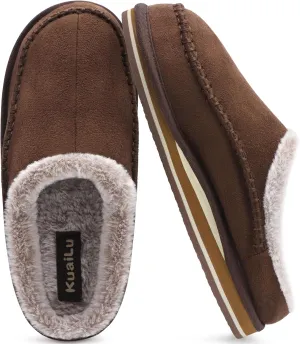 KuaiLu Mens Clog Slippers with Arch Support Suede Faux Fur Memory Foam Warm House Shoes Comfortable Slip-on Mans Bedroom Indoor Outdoor Slippers Rubber Sole Size 7-16