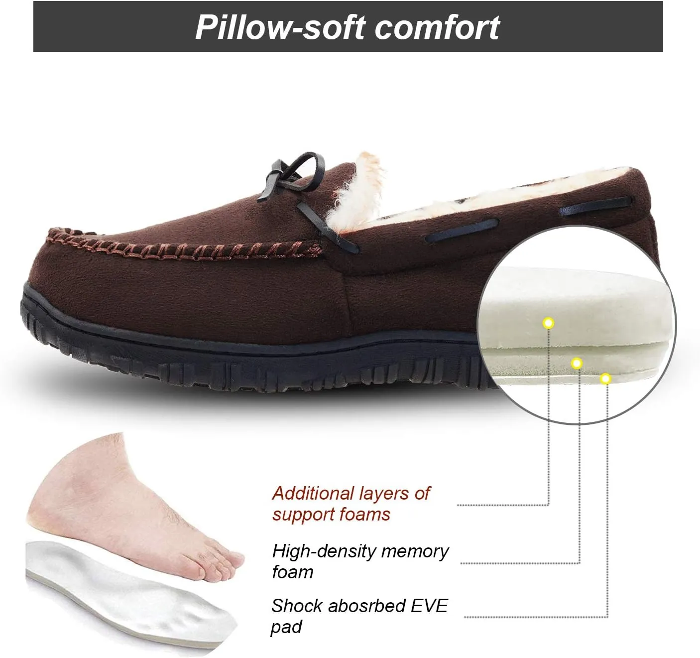 LA PLAGE Men's Moccasin Slippers Memory Foam Warm Plush House Slippers, Indoor Outdoor Comfortable Winter House Shoes