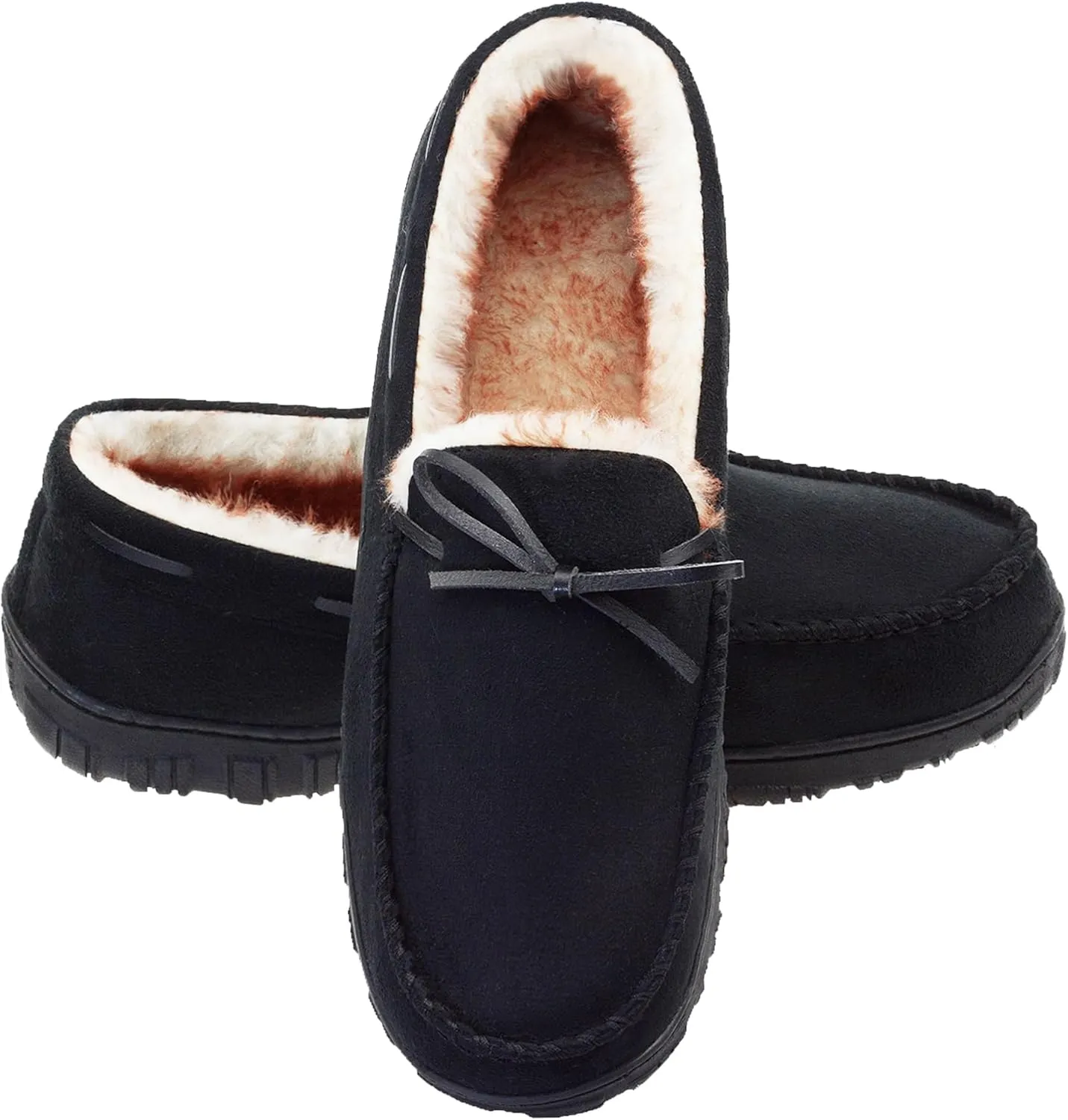 LA PLAGE Men's Moccasin Slippers Memory Foam Warm Plush House Slippers, Indoor Outdoor Comfortable Winter House Shoes