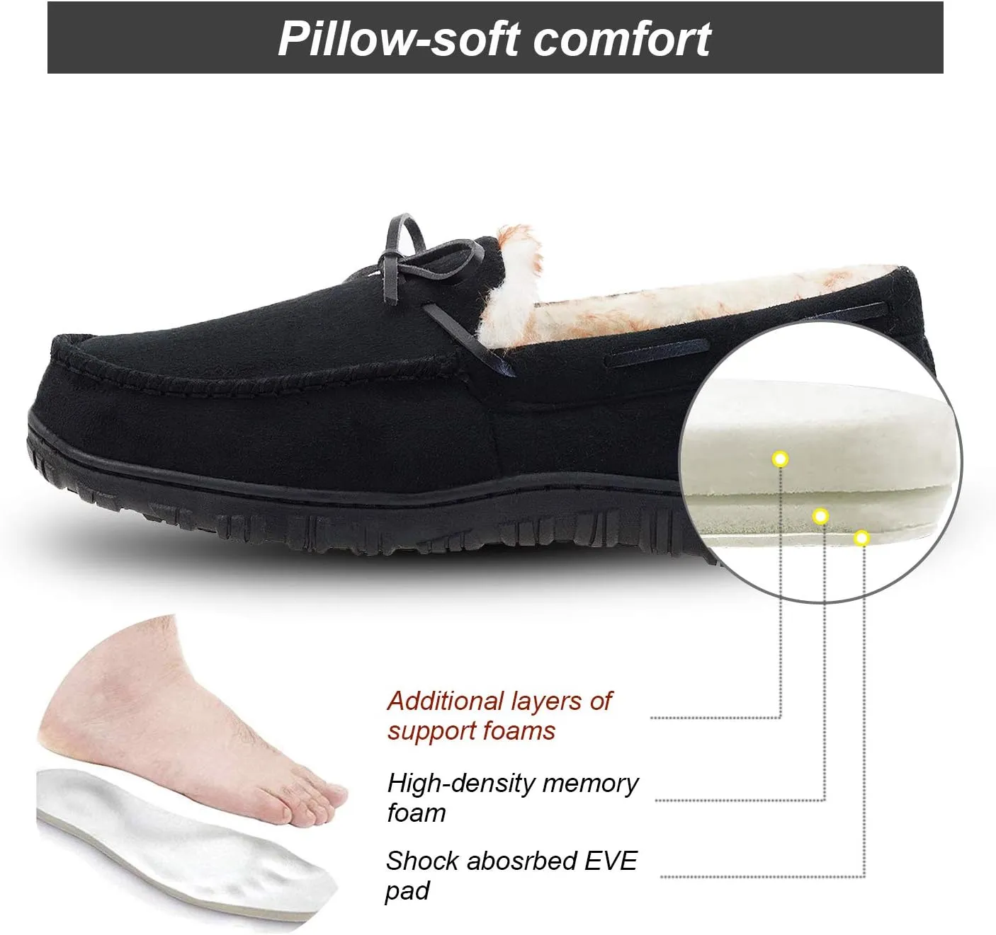 LA PLAGE Men's Moccasin Slippers Memory Foam Warm Plush House Slippers, Indoor Outdoor Comfortable Winter House Shoes