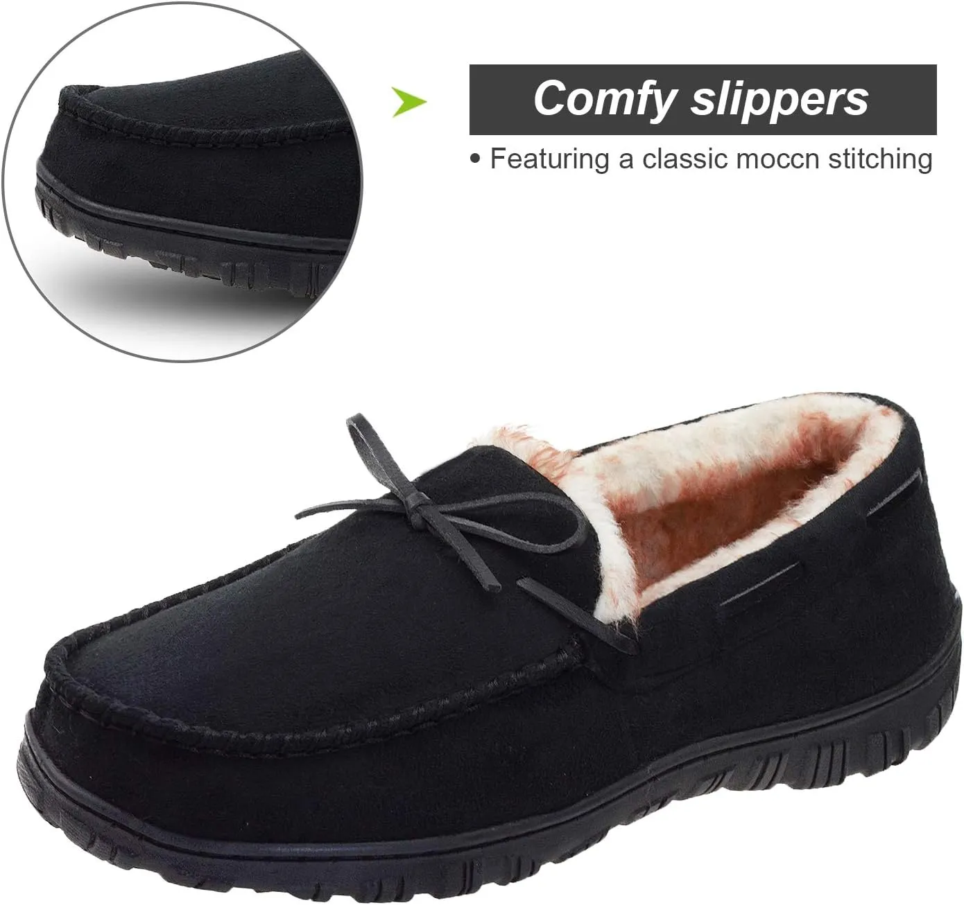 LA PLAGE Men's Moccasin Slippers Memory Foam Warm Plush House Slippers, Indoor Outdoor Comfortable Winter House Shoes