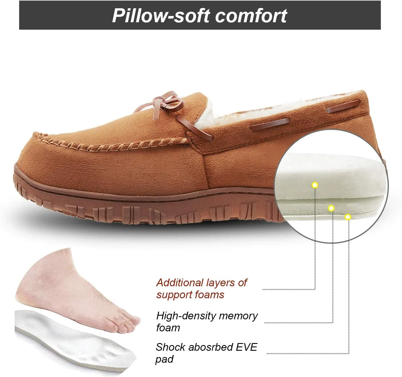 LA PLAGE Men's Moccasin Slippers Memory Foam Warm Plush House Slippers, Indoor Outdoor Comfortable Winter House Shoes