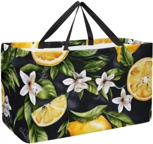 Large Utility Tote Bag Tropic Lemon Fruits Leaves Flowers Background Reusable Foldable Grocery Bag Heavy Duty with Sturdy Handles