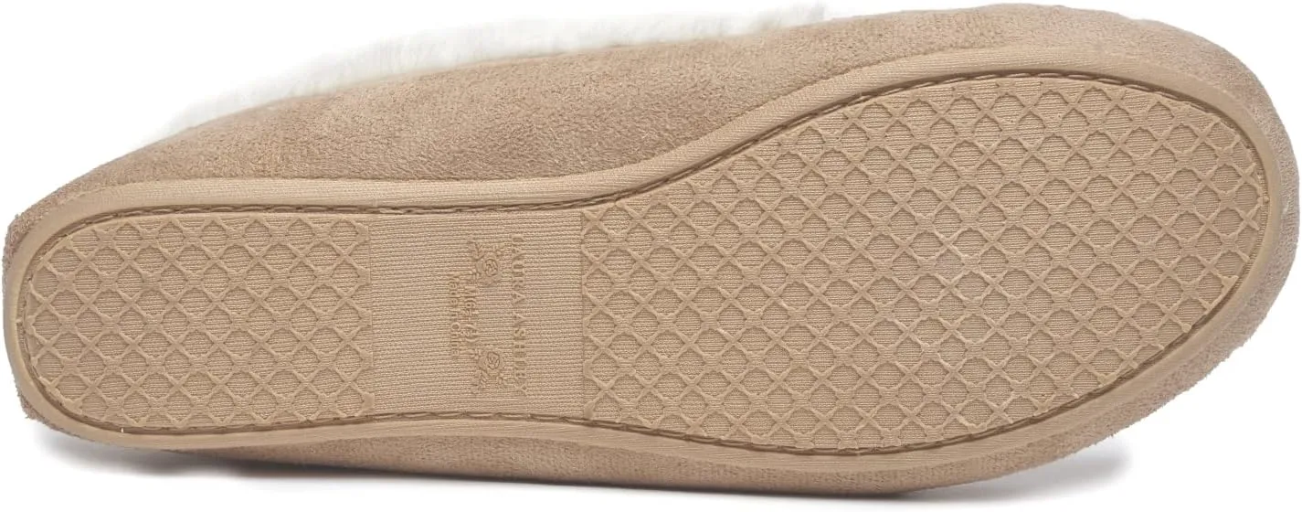 Laura Ashley Womens Micro Suede Memory Foam Moccasin Slippers, Warm Fuzzy Rubber Bottom Indoor Outdoor Faux Fur House Shoes