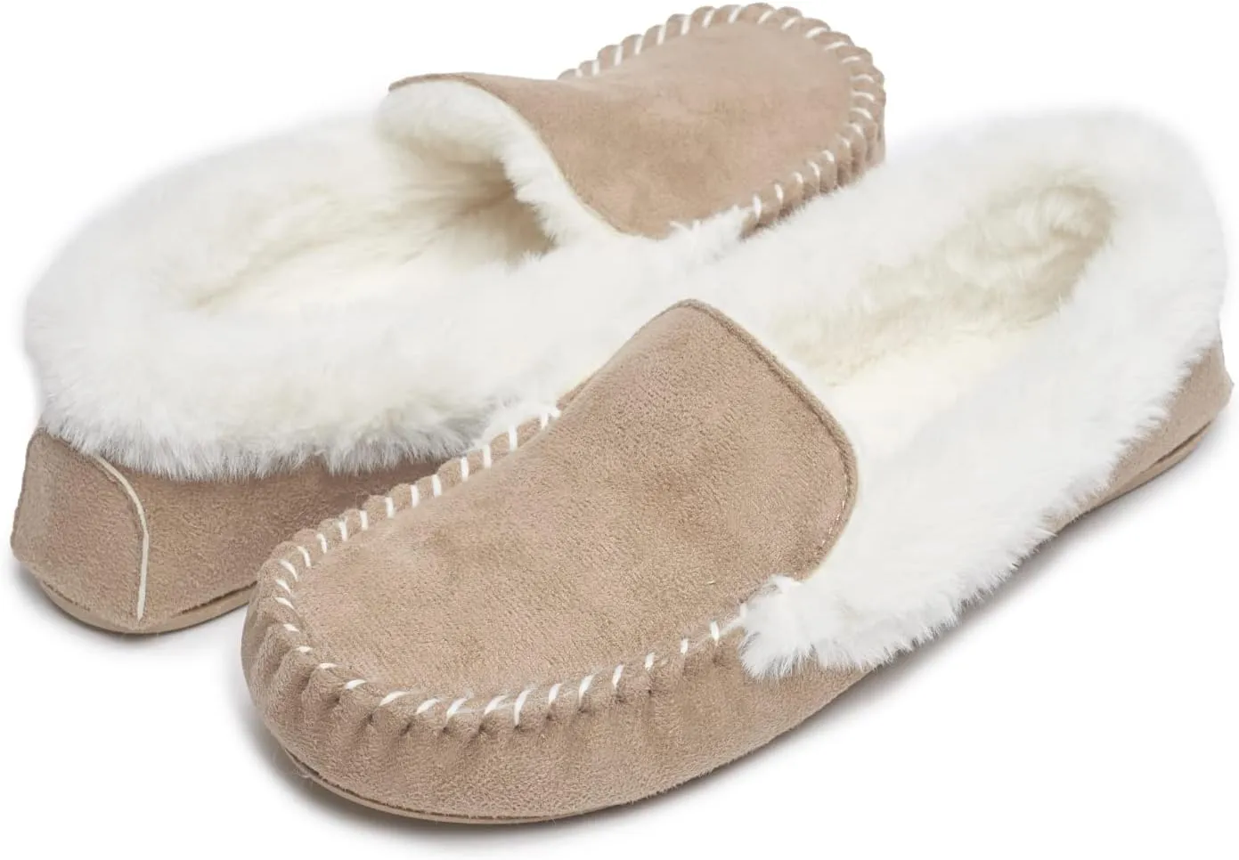 Laura Ashley Womens Micro Suede Memory Foam Moccasin Slippers, Warm Fuzzy Rubber Bottom Indoor Outdoor Faux Fur House Shoes