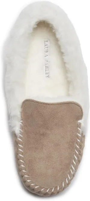 Laura Ashley Womens Micro Suede Memory Foam Moccasin Slippers, Warm Fuzzy Rubber Bottom Indoor Outdoor Faux Fur House Shoes