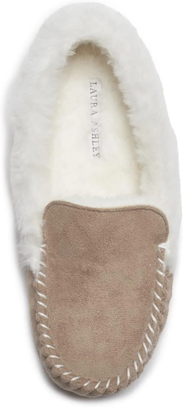Laura Ashley Womens Micro Suede Memory Foam Moccasin Slippers, Warm Fuzzy Rubber Bottom Indoor Outdoor Faux Fur House Shoes