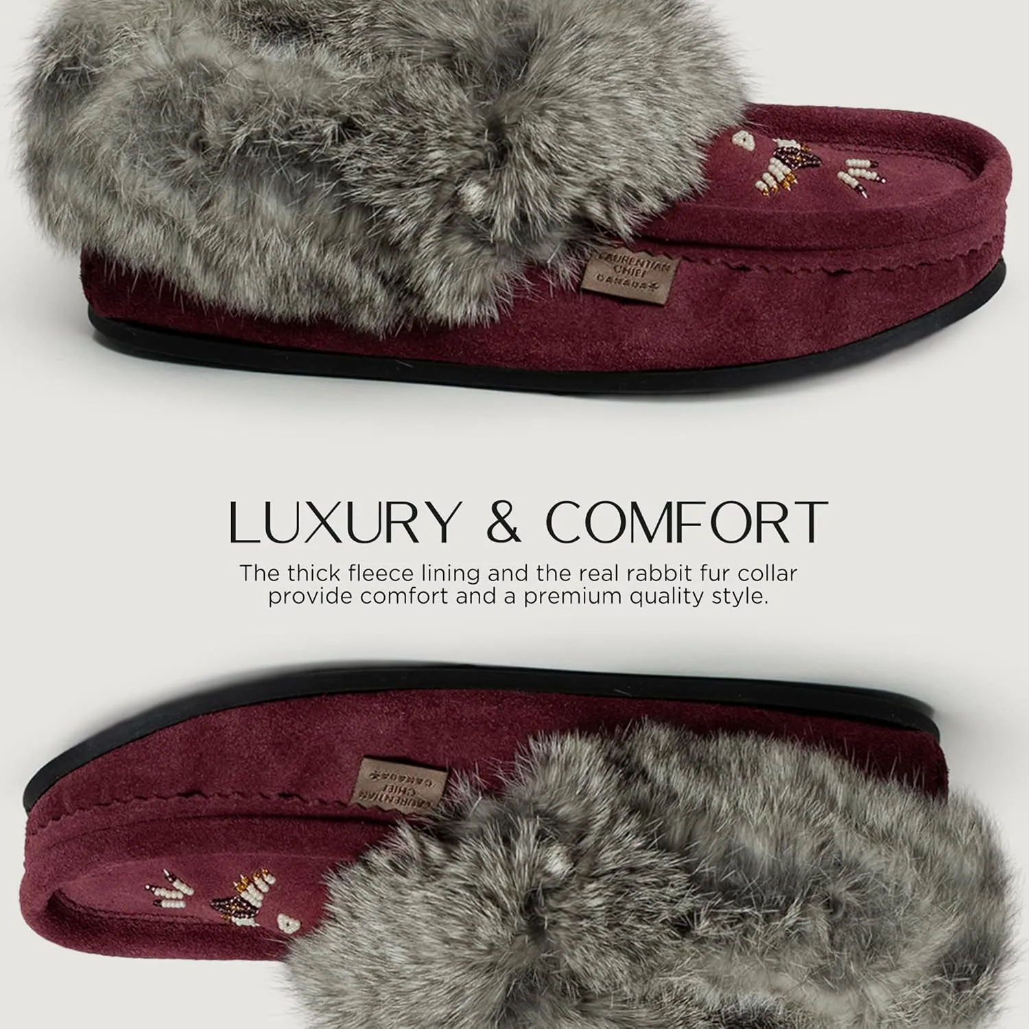 Laurentian Chief Moccasin Slippers for Woman - Orlon Beaded Slippers with Fur Trim and Padded Sole, Comfortable Indoor and Outdoor