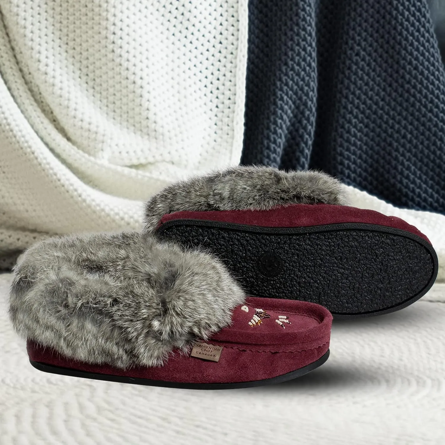 Laurentian Chief Moccasin Slippers for Woman - Orlon Beaded Slippers with Fur Trim and Padded Sole, Comfortable Indoor and Outdoor
