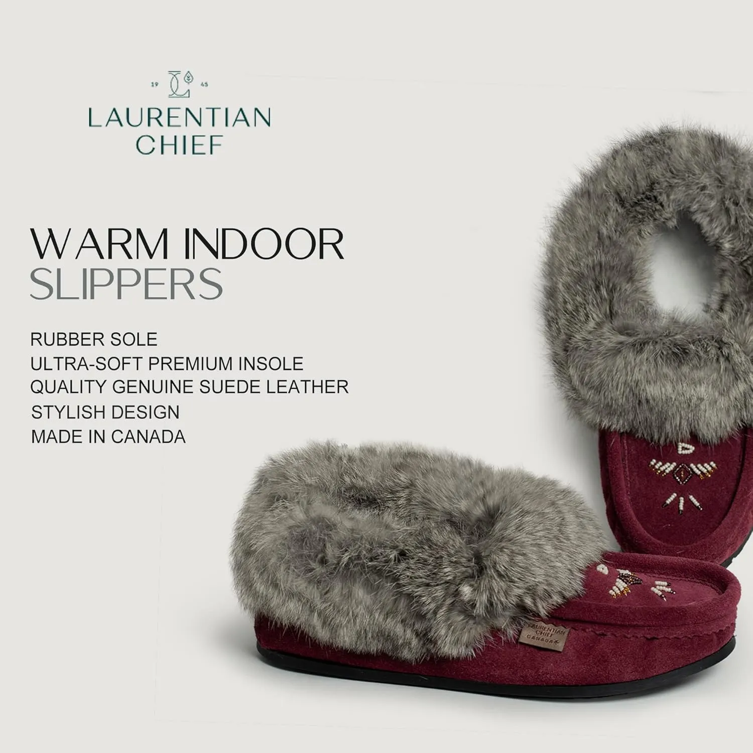 Laurentian Chief Moccasin Slippers for Woman - Orlon Beaded Slippers with Fur Trim and Padded Sole, Comfortable Indoor and Outdoor